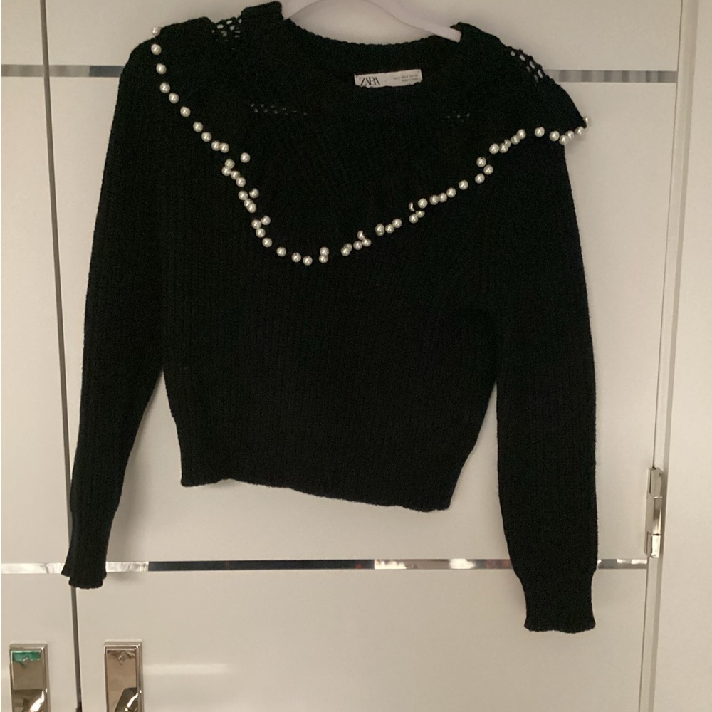 Zara Black Pearl-Trim Ruffle Collar Sweater